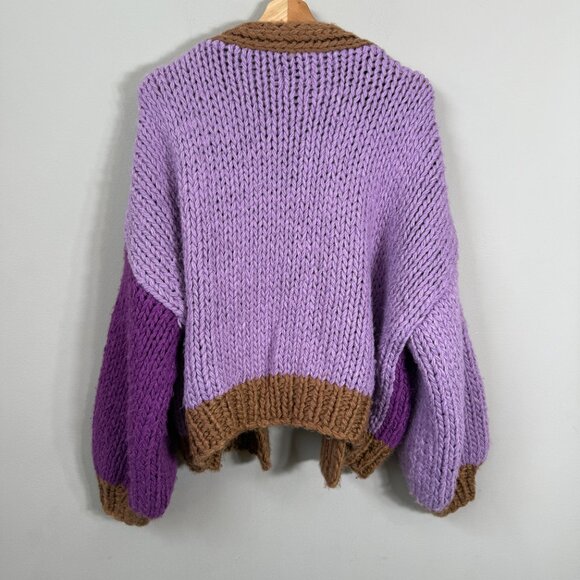 FRNCH Lorene Violet Camel Cardigan Sweater Women's Medium Chunky Knit Open Front - Picture 11 of 15